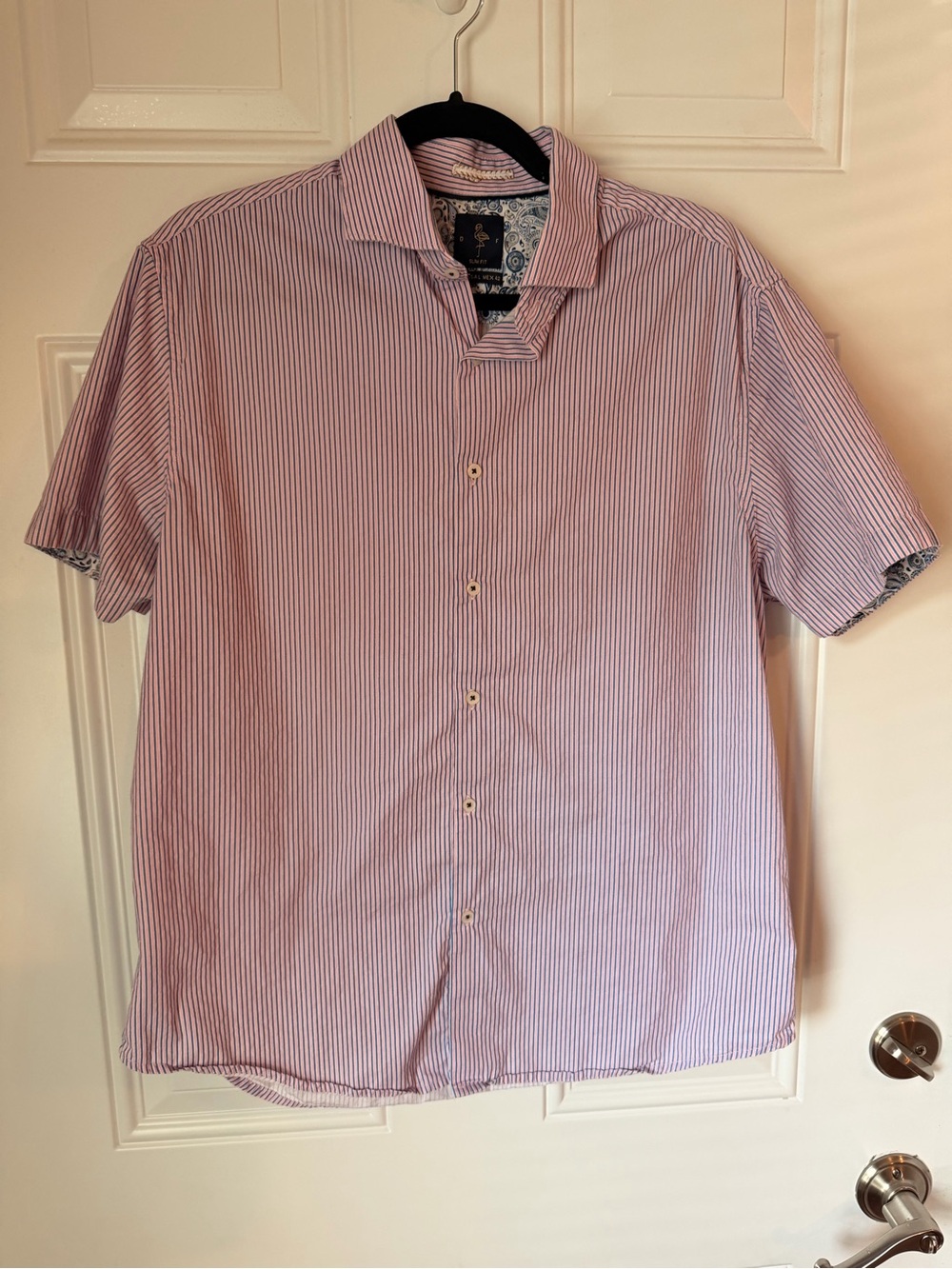 Short-Sleeve Pink Stripe Button-Down Shirt with Subtle Contrast Trim